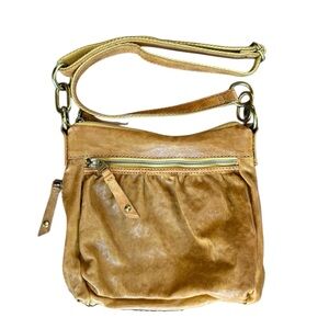 Fossil Honeyed Leather Crossbody Purse Zippered Compartments Mustard Tan